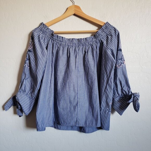 American Eagle Off the Shoulder Top Sz S Nautical Stripe Coastal Embroidery NEW - Picture 7 of 10